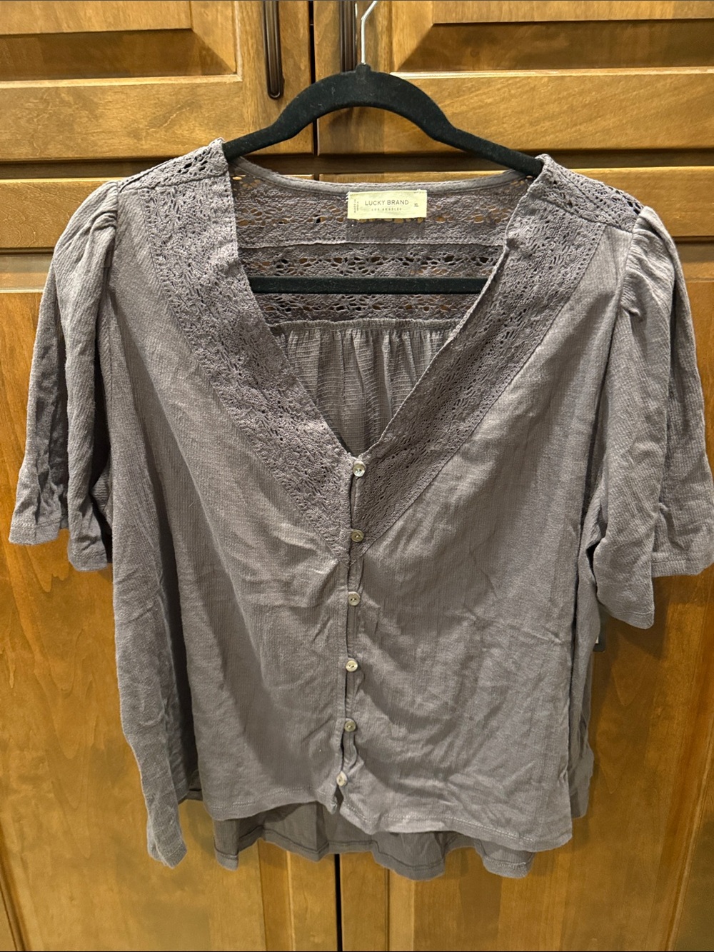 Lucky Brand Gray-Lavender Lace Trim Button-Front Blouse